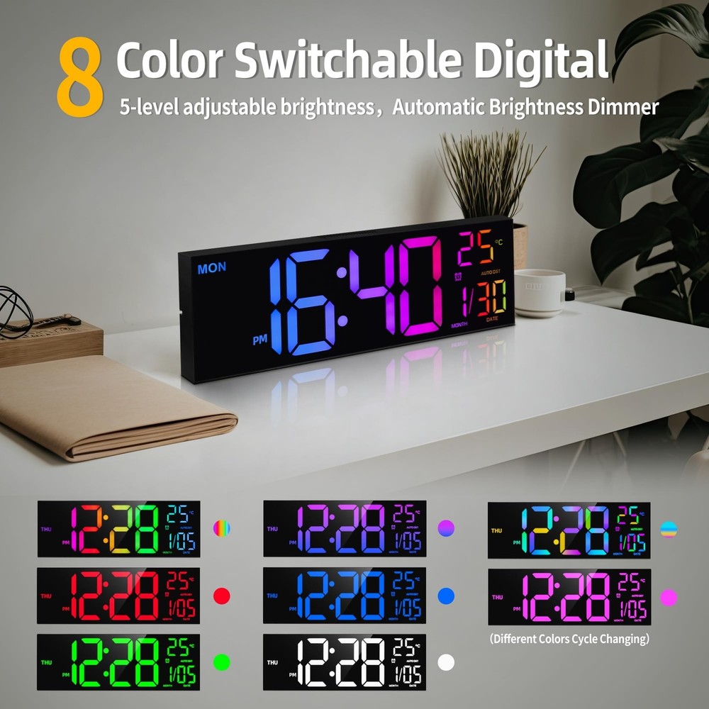 8 Colors Digital Wall Clock, 16.2" Large Digital Clock with Temperature, Date...