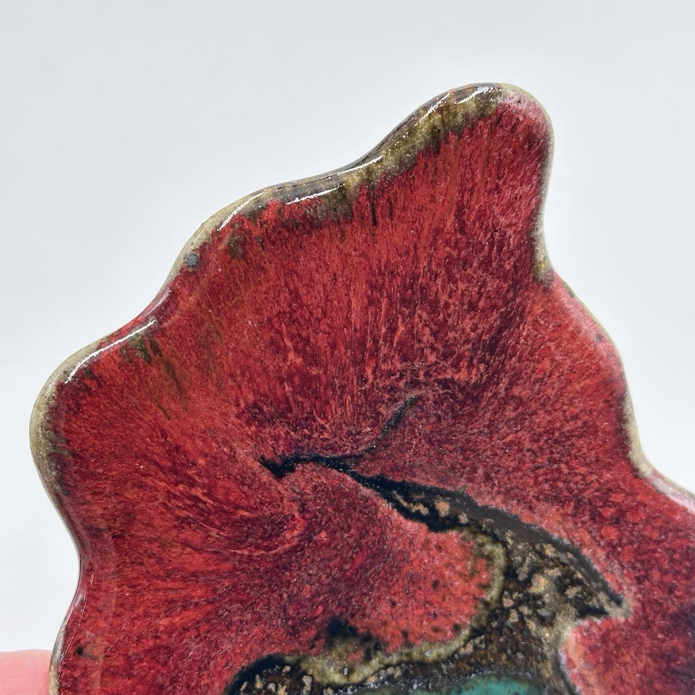 Studio Art Pottery Trinket Dish Candle Holder Red Turquoise Abstract Shape