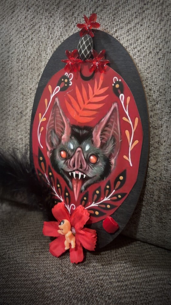 Gothic Vampire Bat Oddity Plaque Wall Decor Weird OOAK