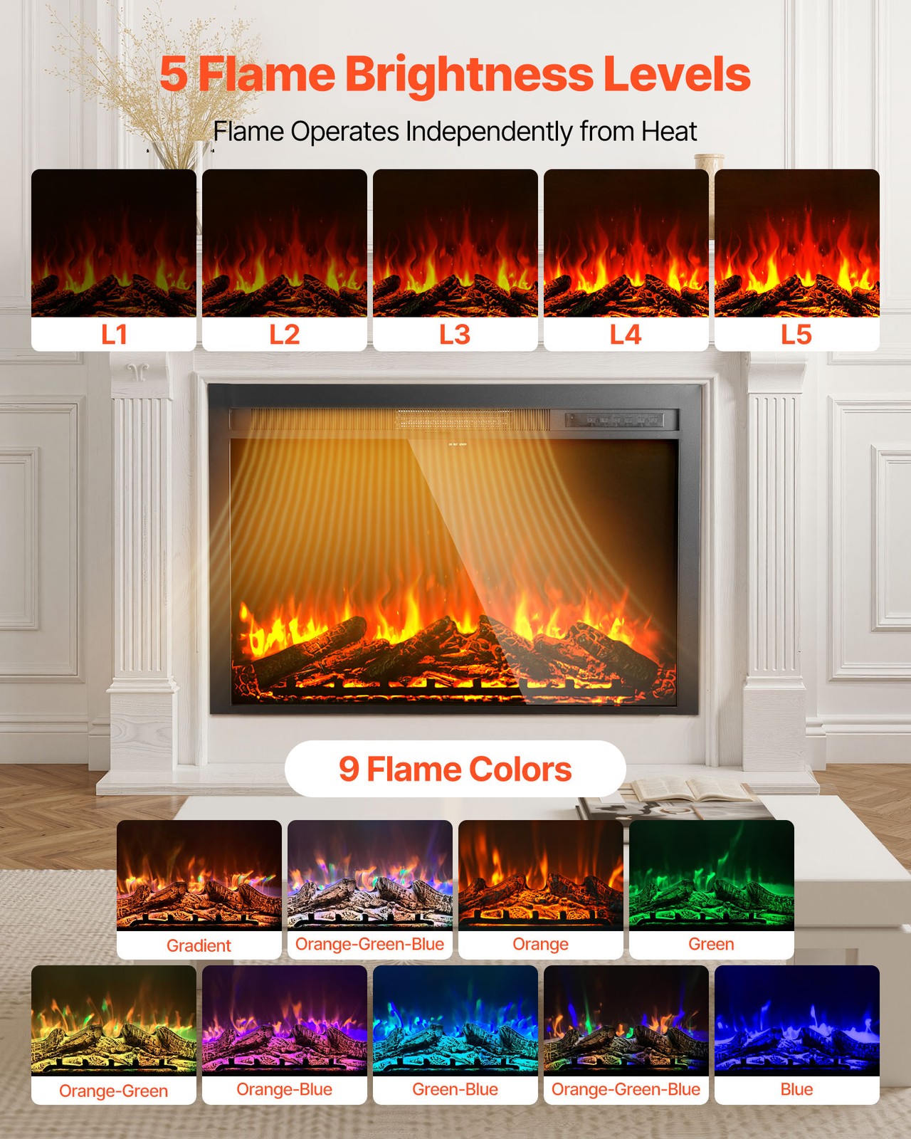 VEVOR 40in Electric Fireplace Insert Wall Recessed Heater 750W 1500W Remote