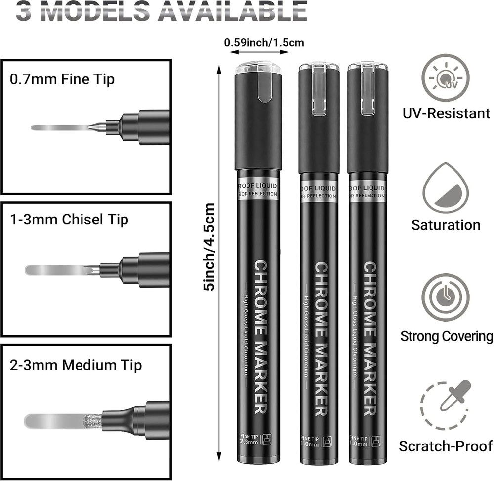 3Pcs Silver Liquid Mirror Chrome Markers, Permanent Reflective Metallic Chrome P