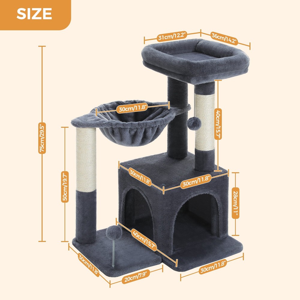 29.5" Cat Tree Tower w Hammock Top Perch & Sisal Scratching Posts Dark Gray