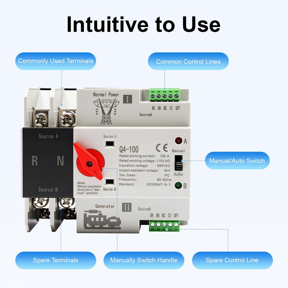 Automatic Transfer Switch Dual Power 100A 2P Power Generator Changeover Switch