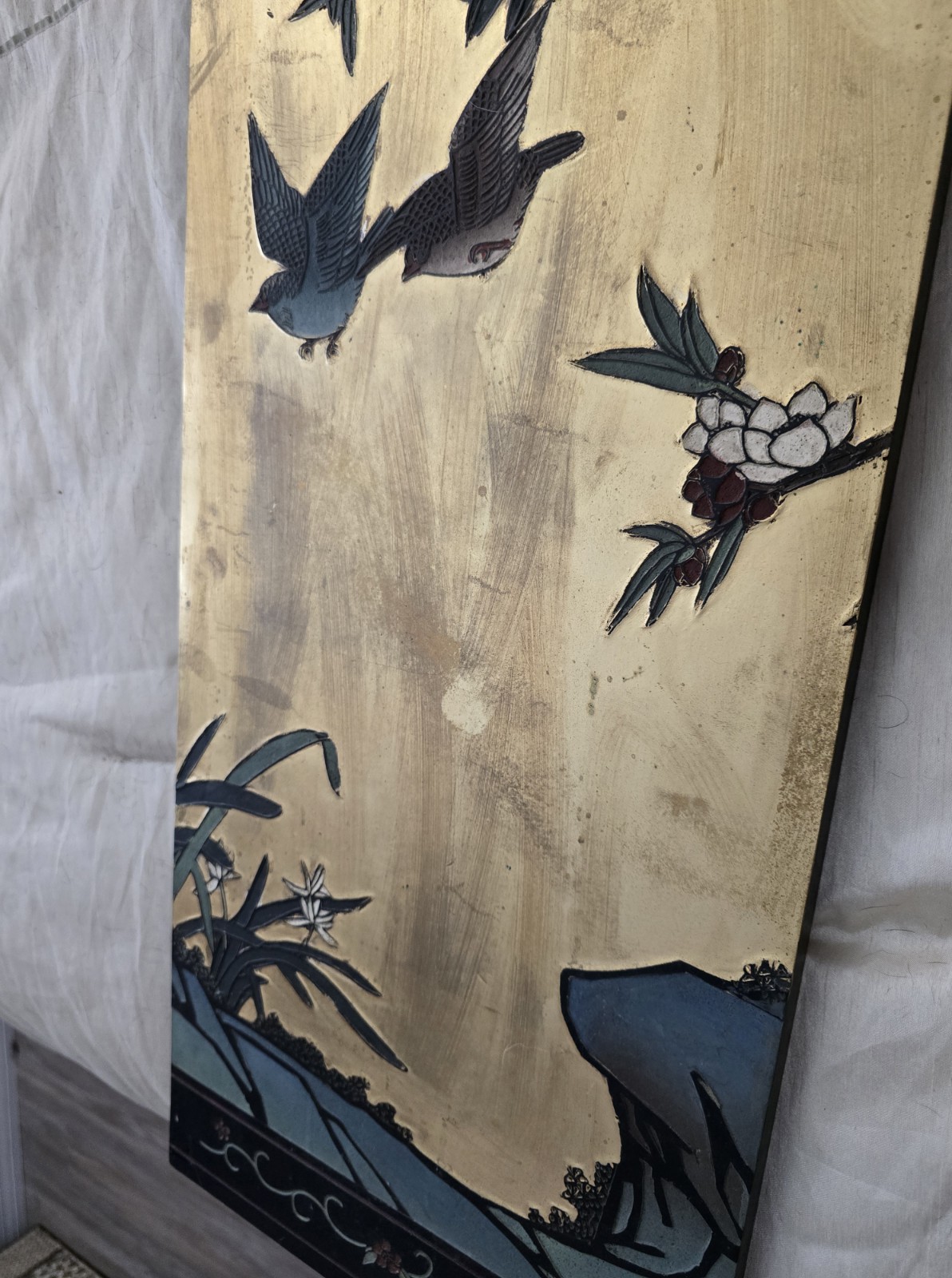 Vtg Gold Coromandel Asian 4 Panels Wall Decor with Bird & Flower Motif