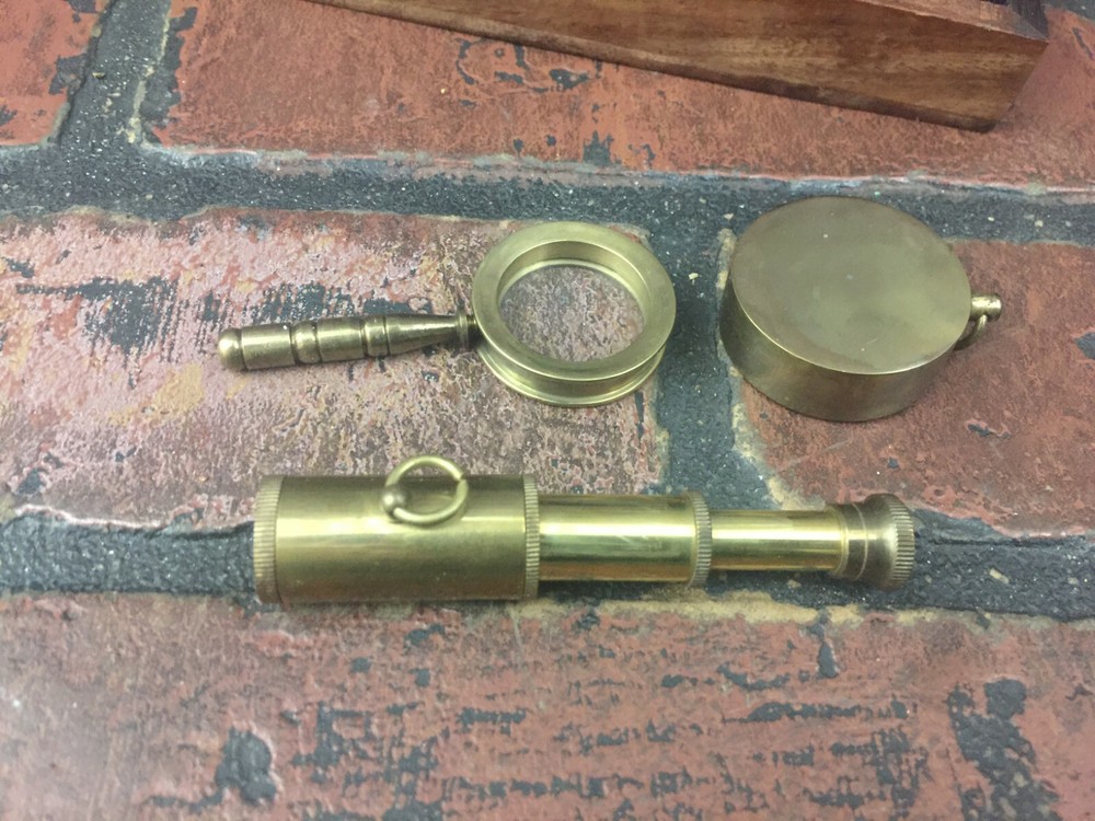 Vintage Navigation Set, Telescope, Compass, Magnifying Glass