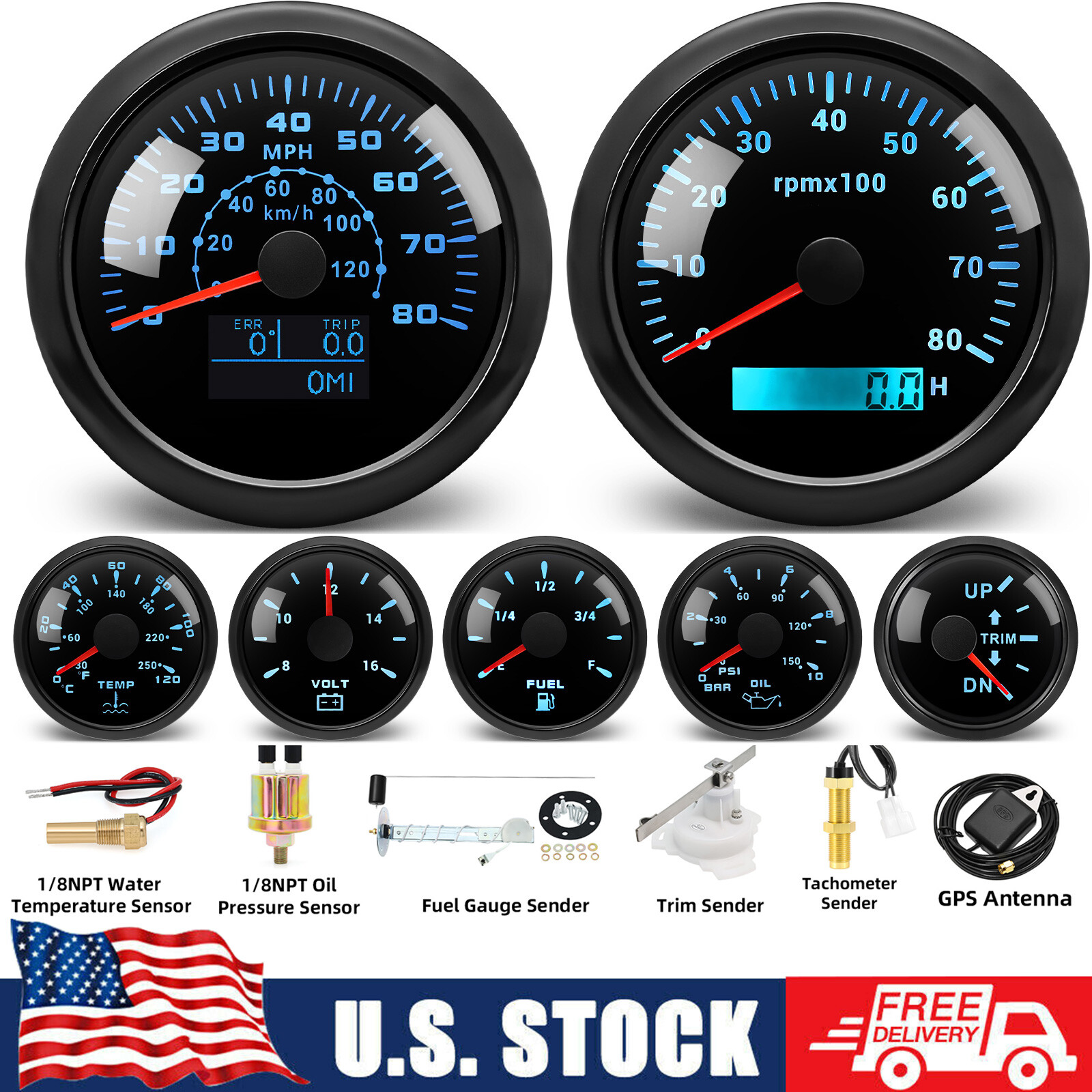 7 Gauge Set 85mm Boat GPS Speedometer 120km/h/80MPH Tachometer 8000RPM Gauge US