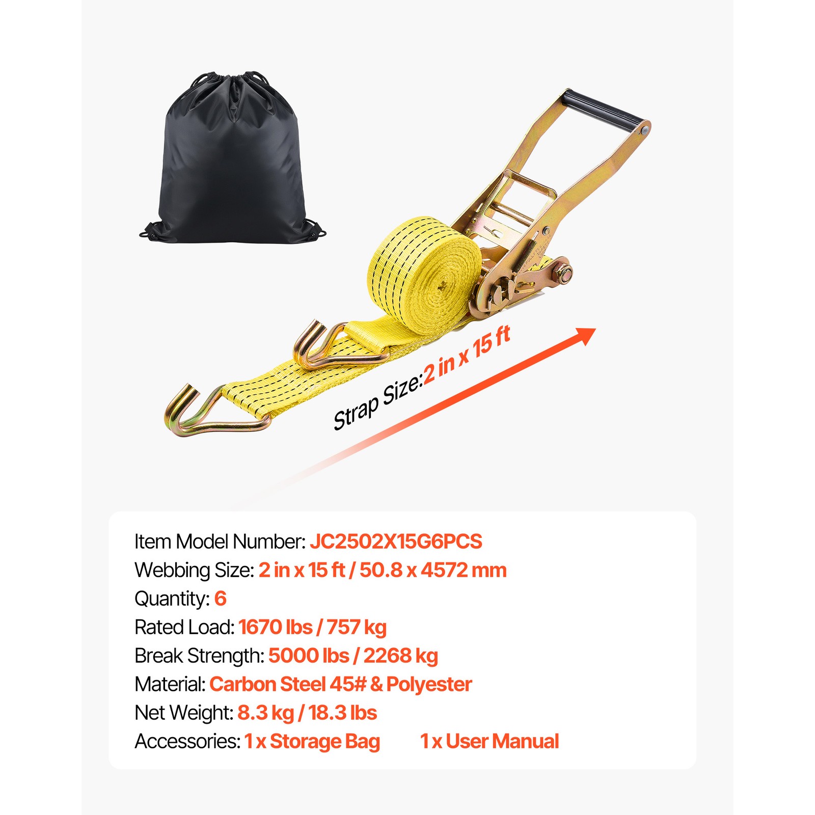 Uimoso 6 Pack Ratchet Straps 2" x 15' with Double J Hooks, 5000 lbs Capacity