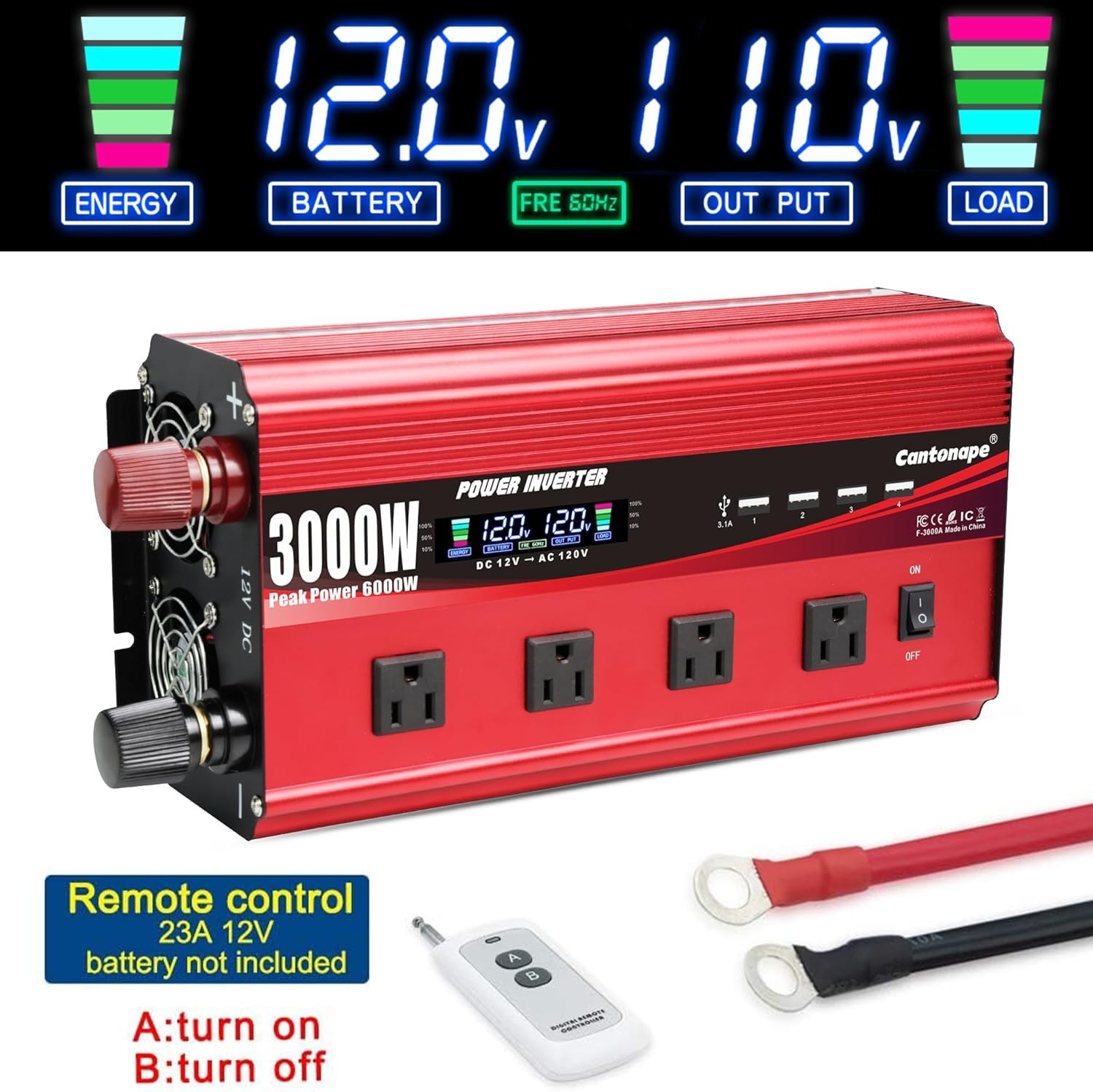 Used CANTONAPE 3000W Power Inverter 12V to 110V/120V DC to AC LCD Display