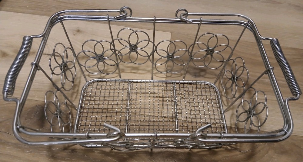 Rectangular Silver Metal Wire Basket with Handles Floral Design