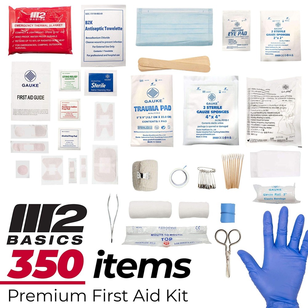 M2 BASICS Professional 350 Piece First Aid Kit, Wall Mountable Dual Layer Har...