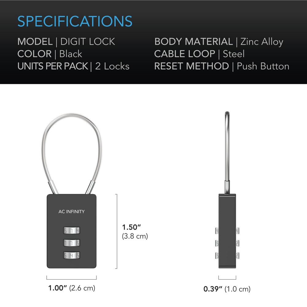 3-Digit Combination Lock, Steel Wire Cable Loop, 2-Pack