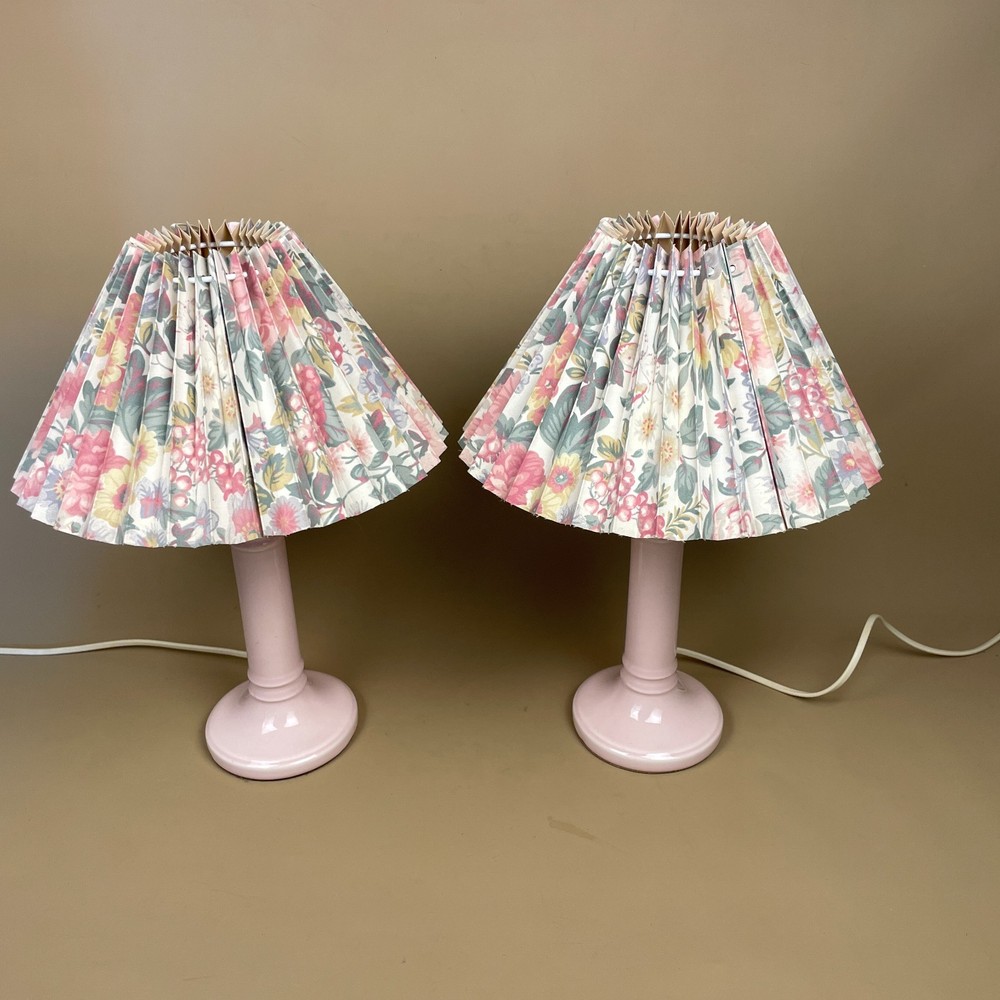 Vintage Ceramic Lamp Light Bedside Table Pink Pleated Shade Floral Patterned
