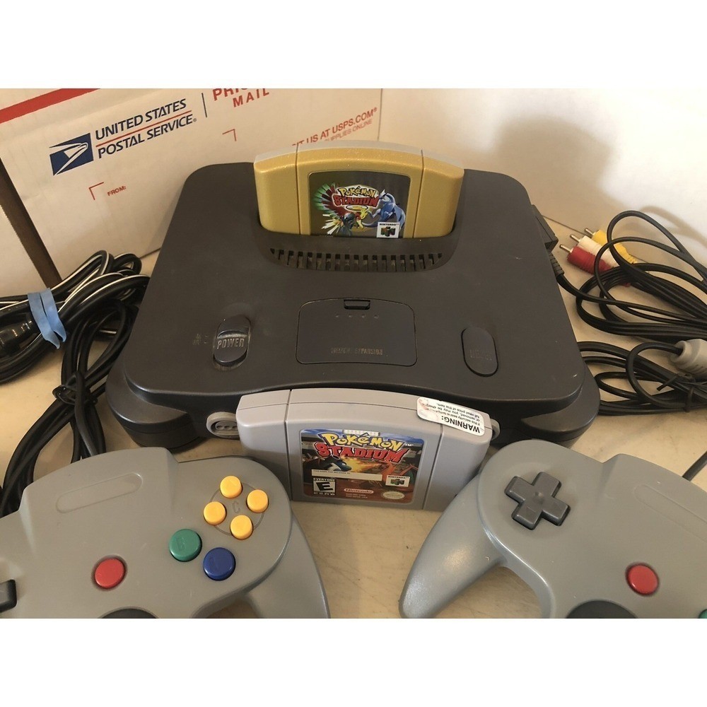 Nintendo 64 N64 Bundle + Cables +2 Controllers + Pokemon Stadium 1 & 2 tested