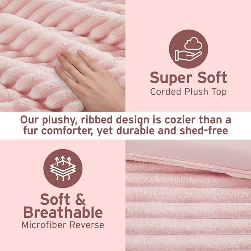 Queen Comforter Set, Cozy Plush Bedding, Microfiber Reverse, 3 Full/Queen Pink