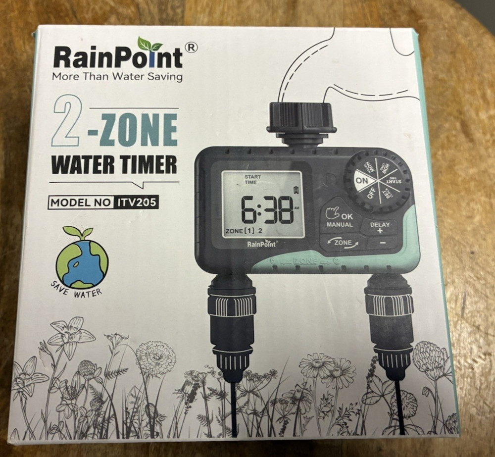 New ITV205 RainPoint Programmable 2 Zone Water Timer w/Rain Delay/Auto Control