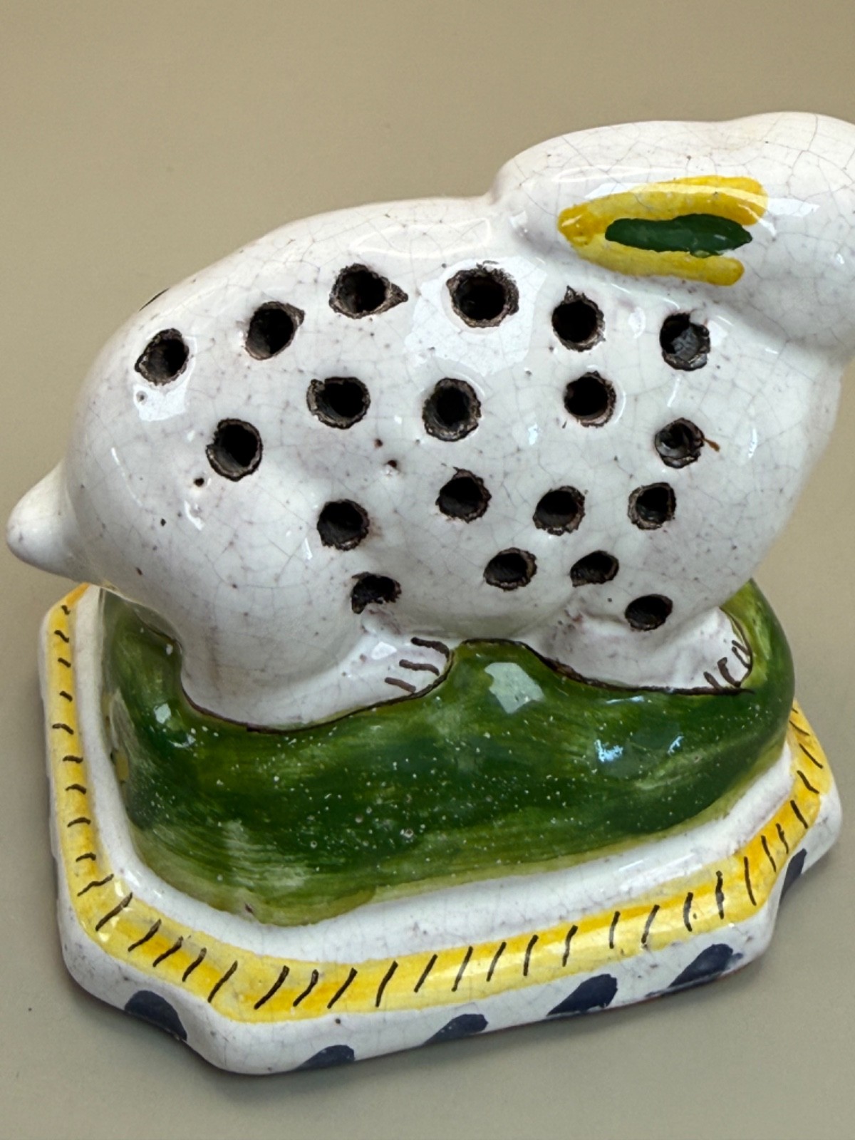 From Portugal Vintage Ceramic Pomander Potpourri White Bunny Rabbit signed H. J.