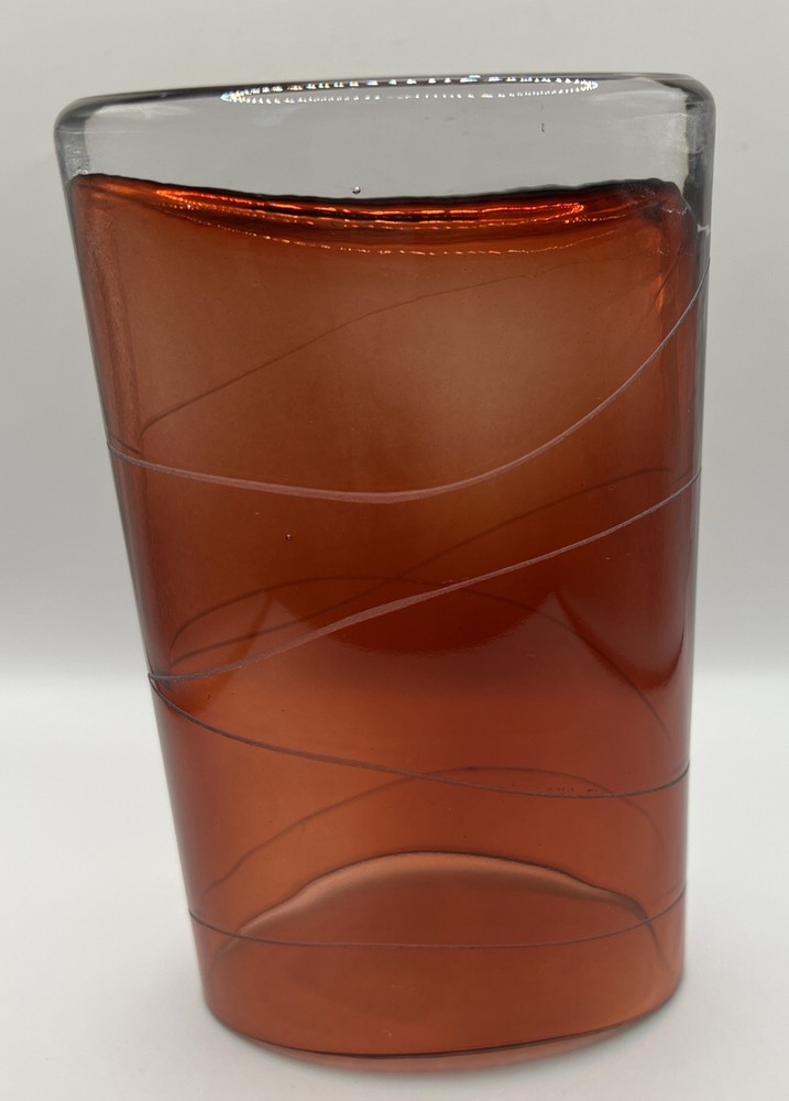 Ruby Red Etched Glass Horizontal Lines Clear Base FTD 7” Oval Top Vase