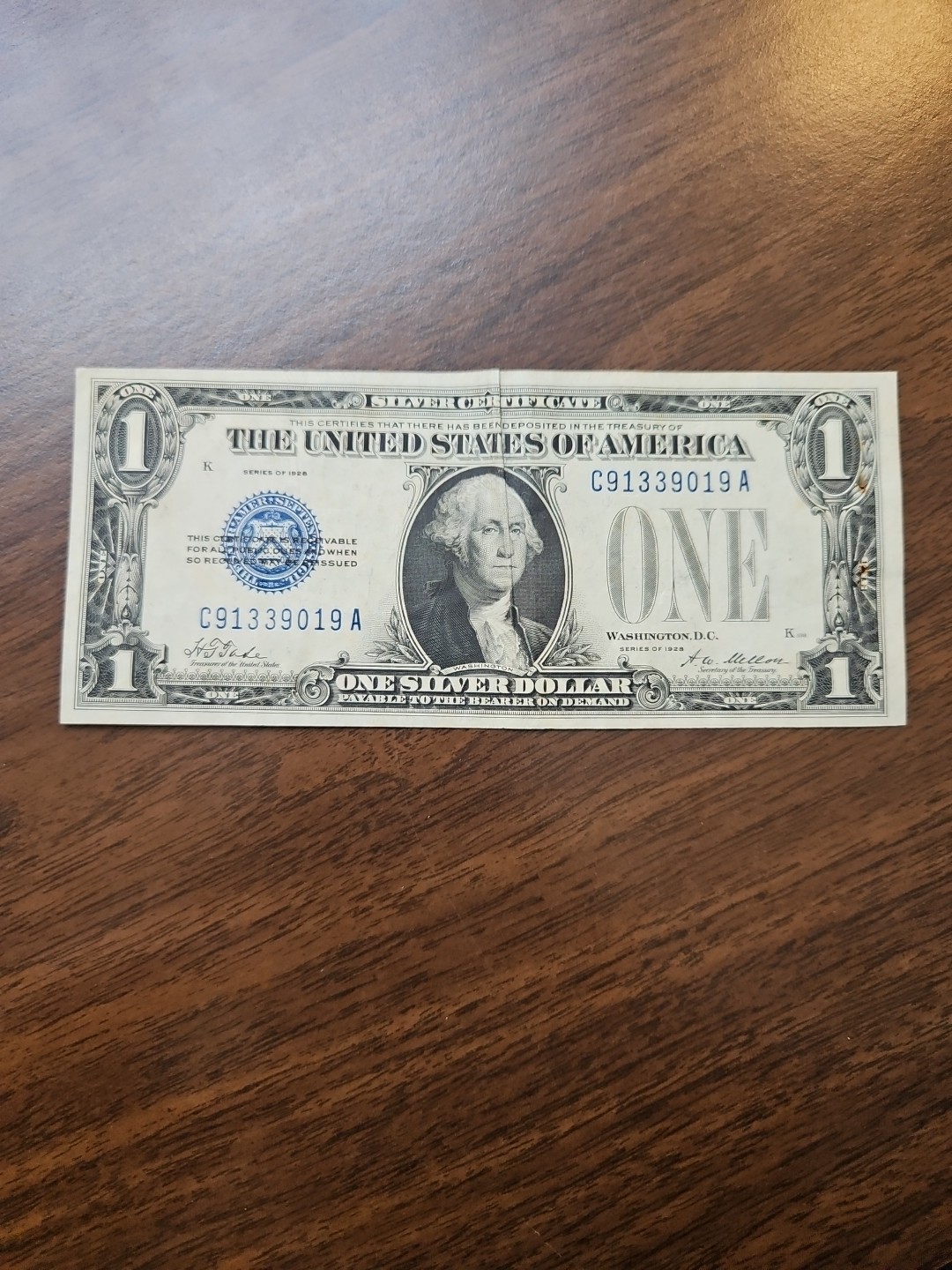 1928 $1 One Dollar Silver Certificate Funny Back Note Blue Seal C91339019A Holes