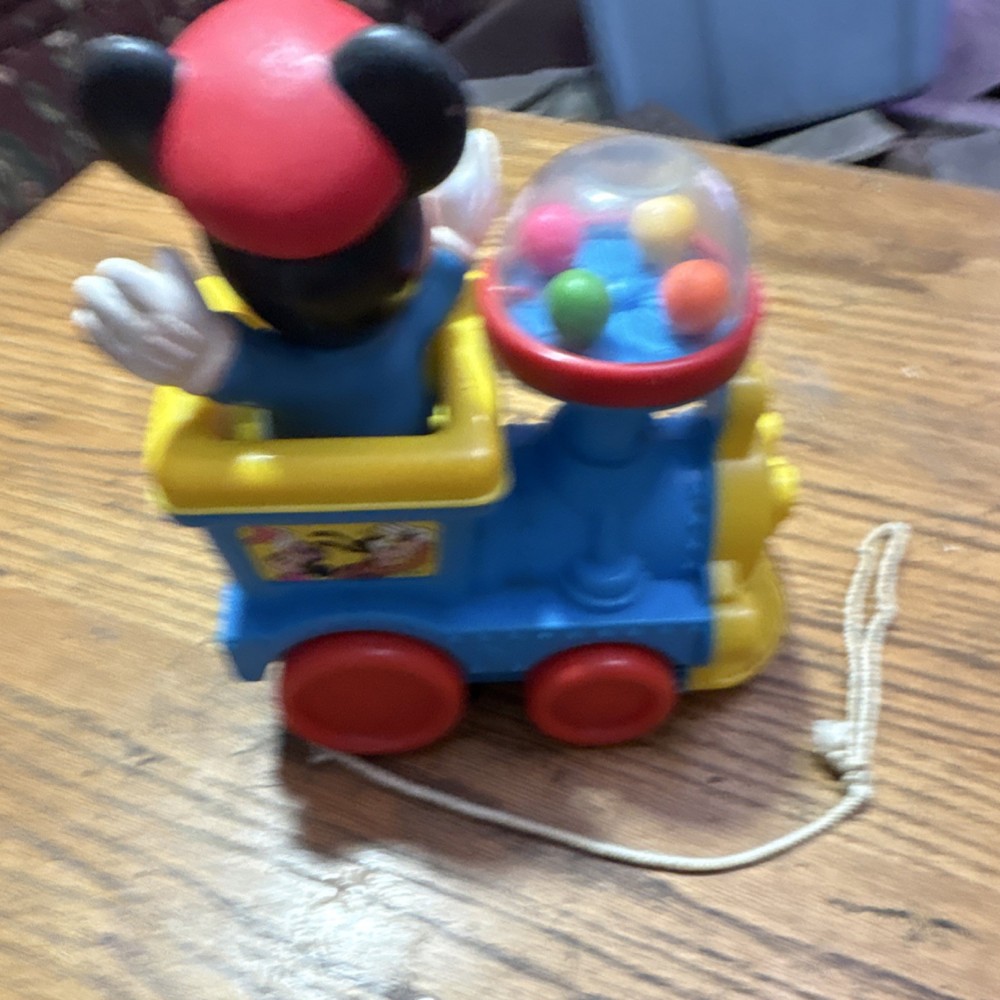 Vintage Disney Mickey Mouse Pull Toy Train Blue Yellow Red Plastic