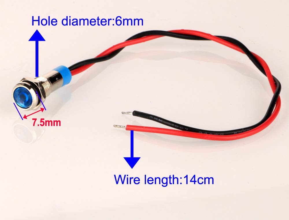 10pcs 6mm Waterproof Wired LED Indicator Light AC/DC 12-24V (Blue)