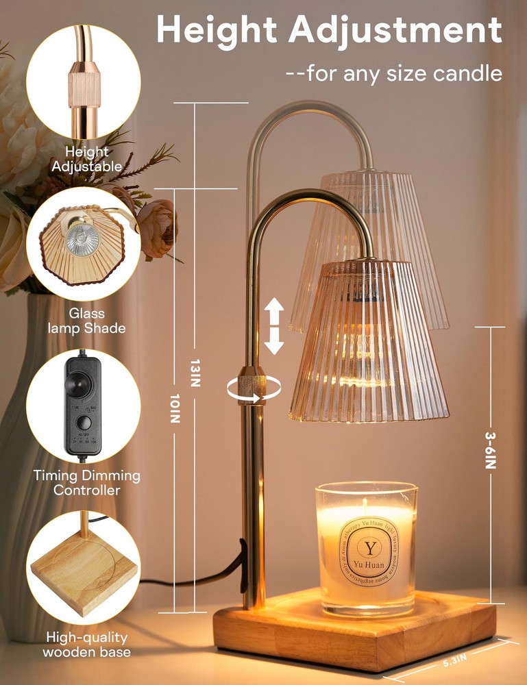 Allanmen Candle Warmer Lamp with Timer, Dimmable Adjustable Height, Gold