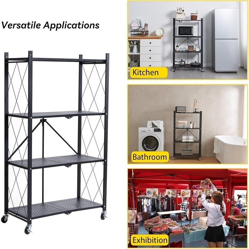Folding 4-Tier Storage Shelf Rolling Utility Rack Kitchen Garage Organization US