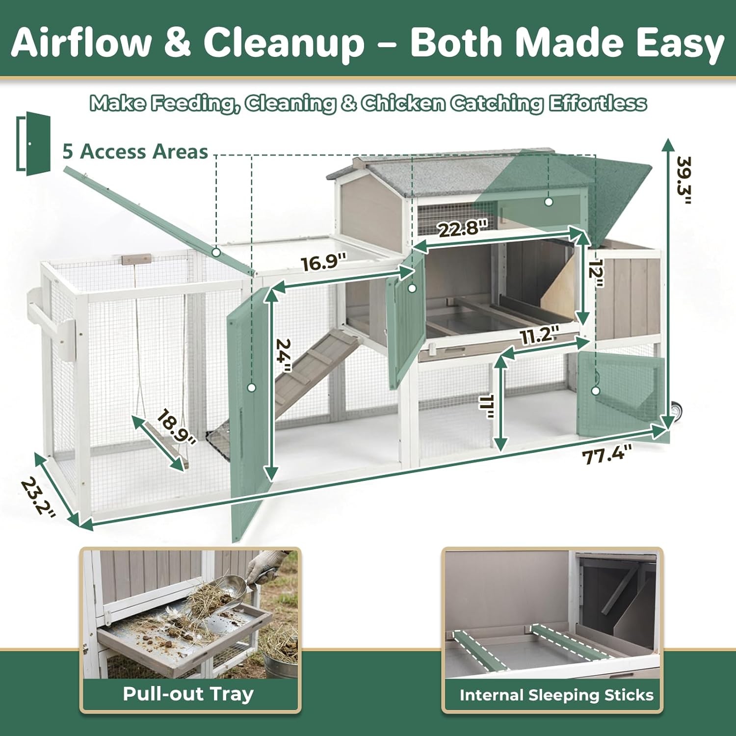 PETSCOSSET Outdoor Chicken Coop, Large Chicken House with Nesting Box, Gray