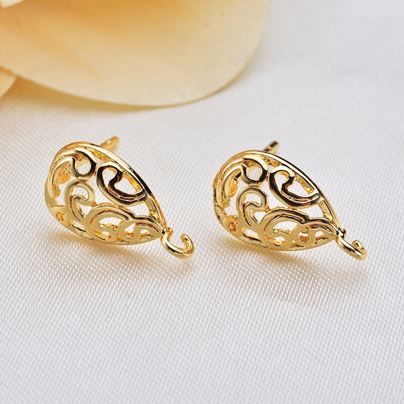 20Pcs Real Gold Plated Brass Ear Post Stud Teardrop Dangle Earring w/Loop 13x7mm
