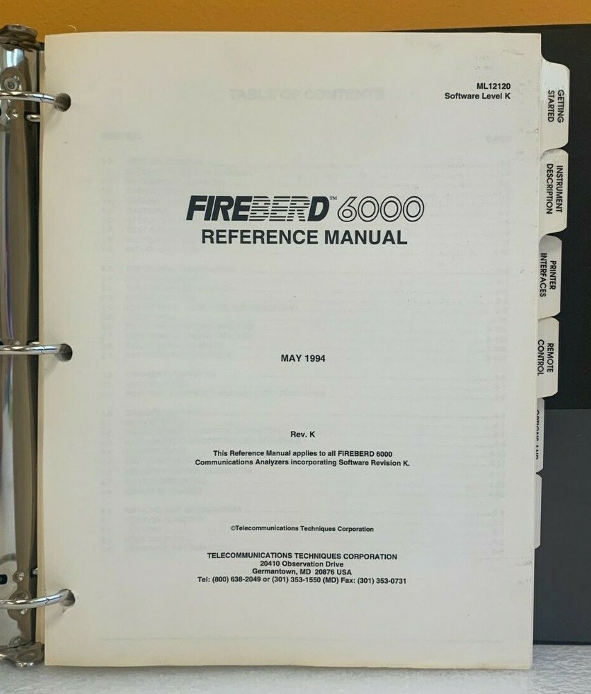 Telecommunications Techniques Corp. ML12120 1994 FireBerd 6000 Reference Manual.