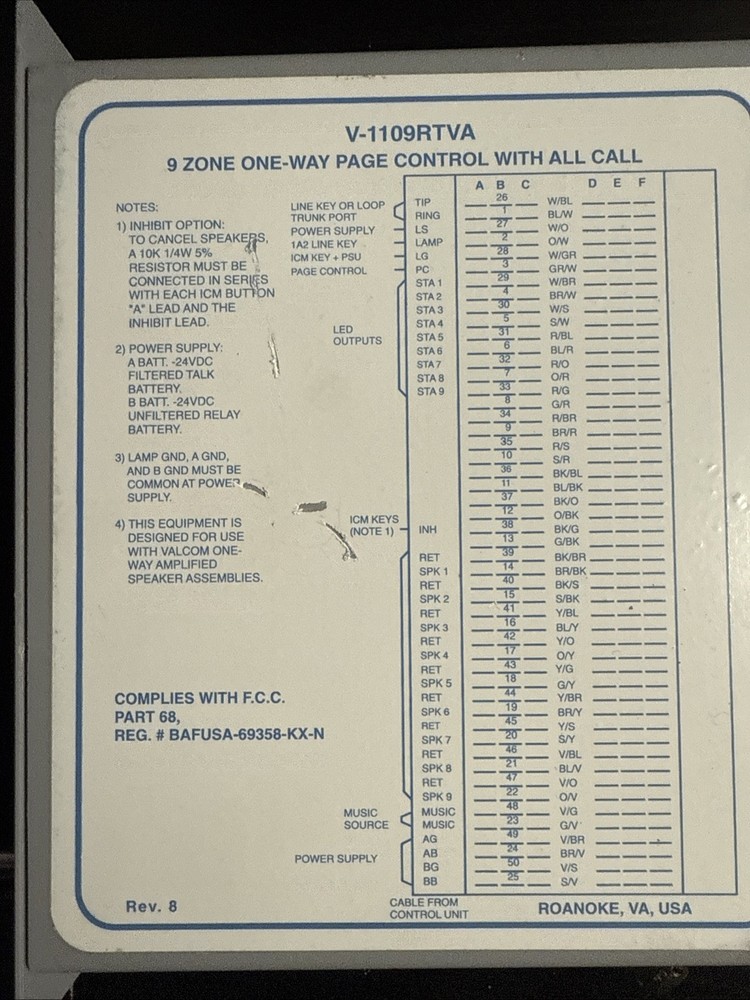 Valcom V-1109RTVA 9-Zone Page Control Intercom