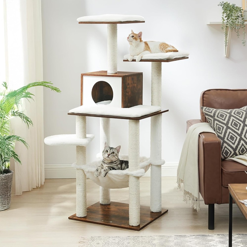 Cat Tree, 56.3-Inch Modern Cat Tower, Multi-Level Plush Condo