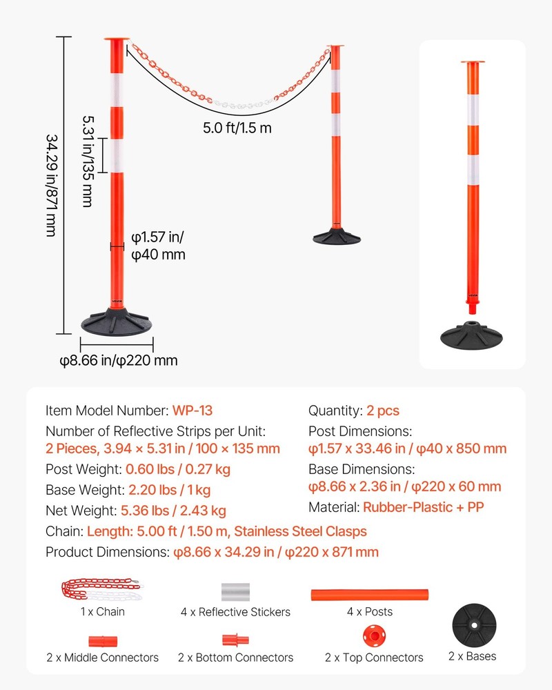 34'' Traffic Delineator Post Set with Weighted Base,High Reflective Strips,Chain