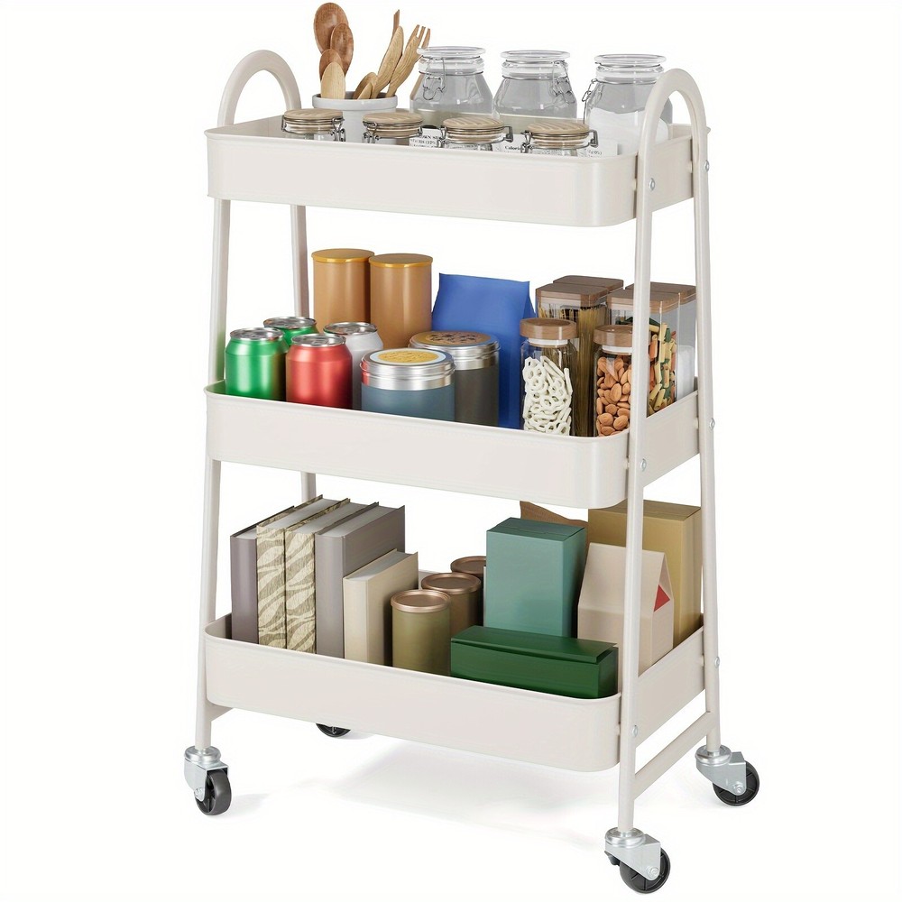 3-Tier Rolling Kitchen Cart, Metal Frame with Plastic Wheels, Space-Saving