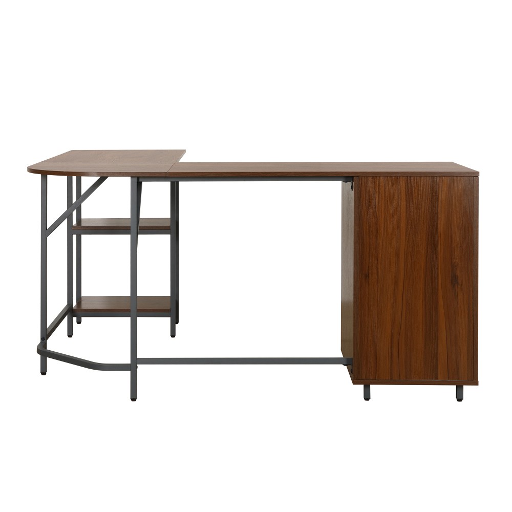 Rustic L-Desk - Engineered Walnut Top - Storage Drawers & Adjustable Shelves