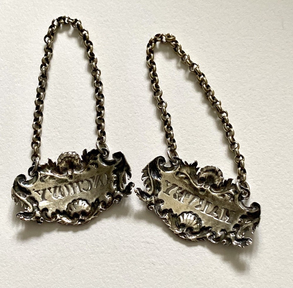 Antique SILVER BOTTLE LABLES - Pair, Harvey & Anchovy, Solid Silver (5I12)