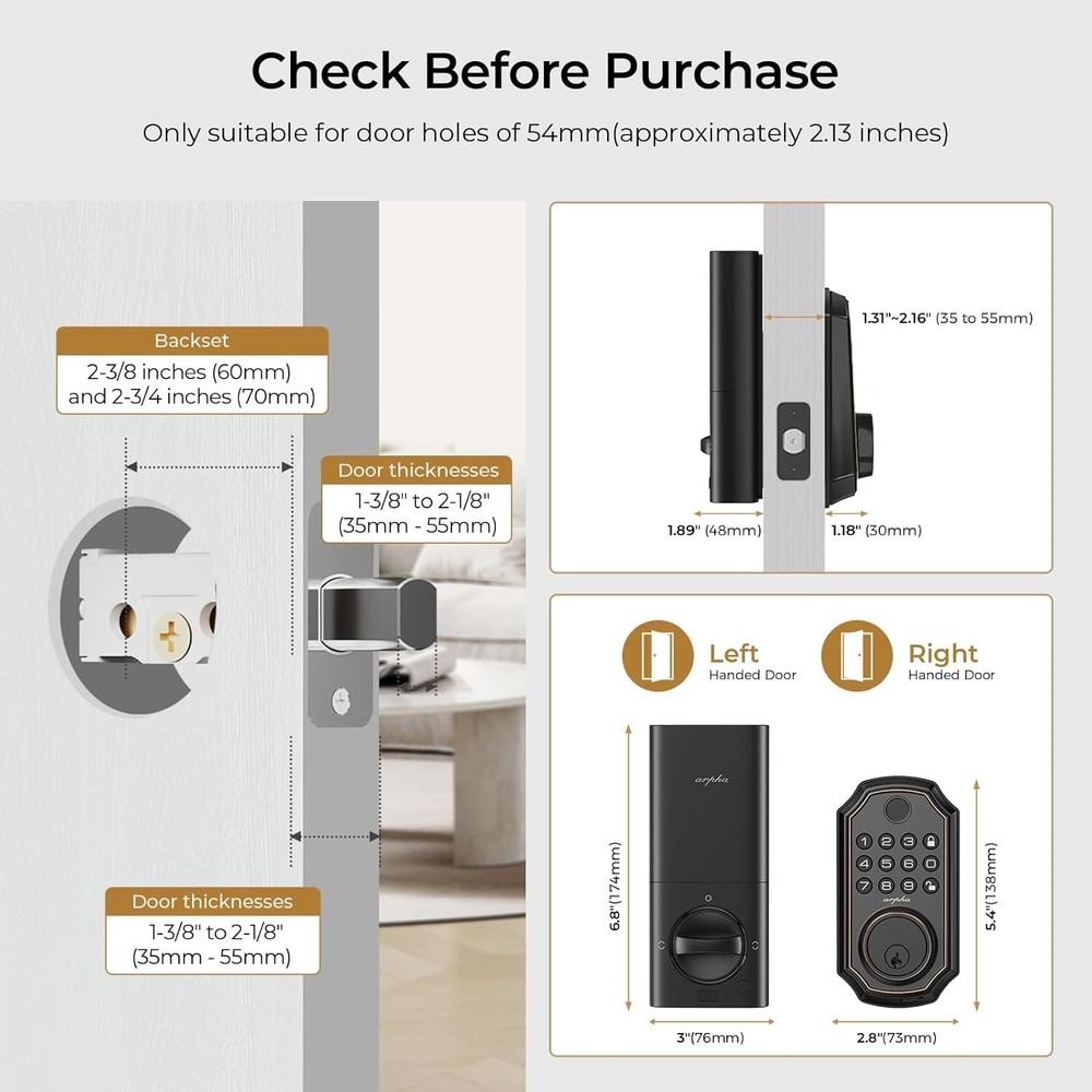 ARPHA Fingerprint Keyless Smart Door Lock APP Control Bluetooth Keypad Deadbolt