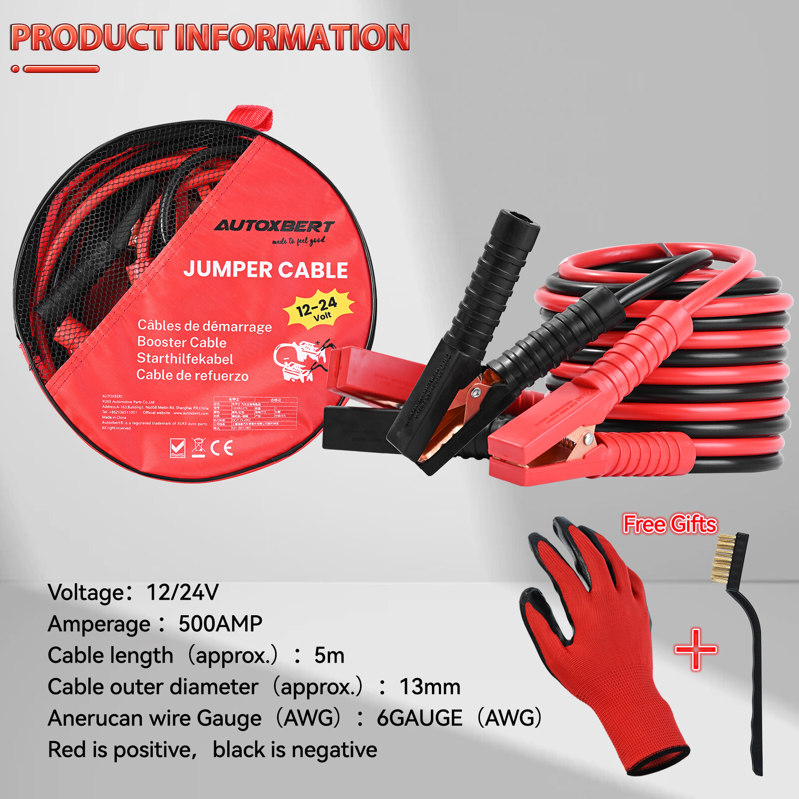 HEAVY DUTY BATTERY BOOSTER CABLE CAR EMERGENCY JUMPER 4 GAUGE 20 FT JUMP STARTER