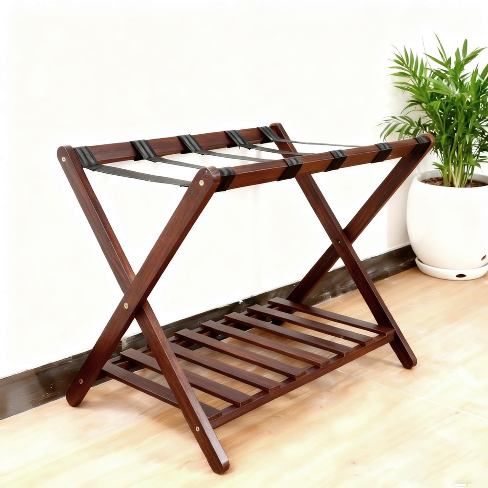 Stylish Solid Wood Luggage Rack with Shelf - Foldable Suitcase Stand