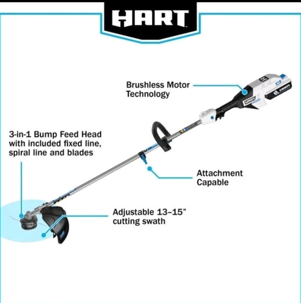 HART 40V Cordless Attachment Capable 15” String Trimmer Kit, 4.0Ah Lithium-Ion
