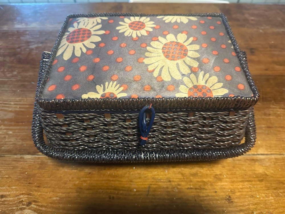 Vtg Woven Sewing Box Rectangle Blue Lined Satin