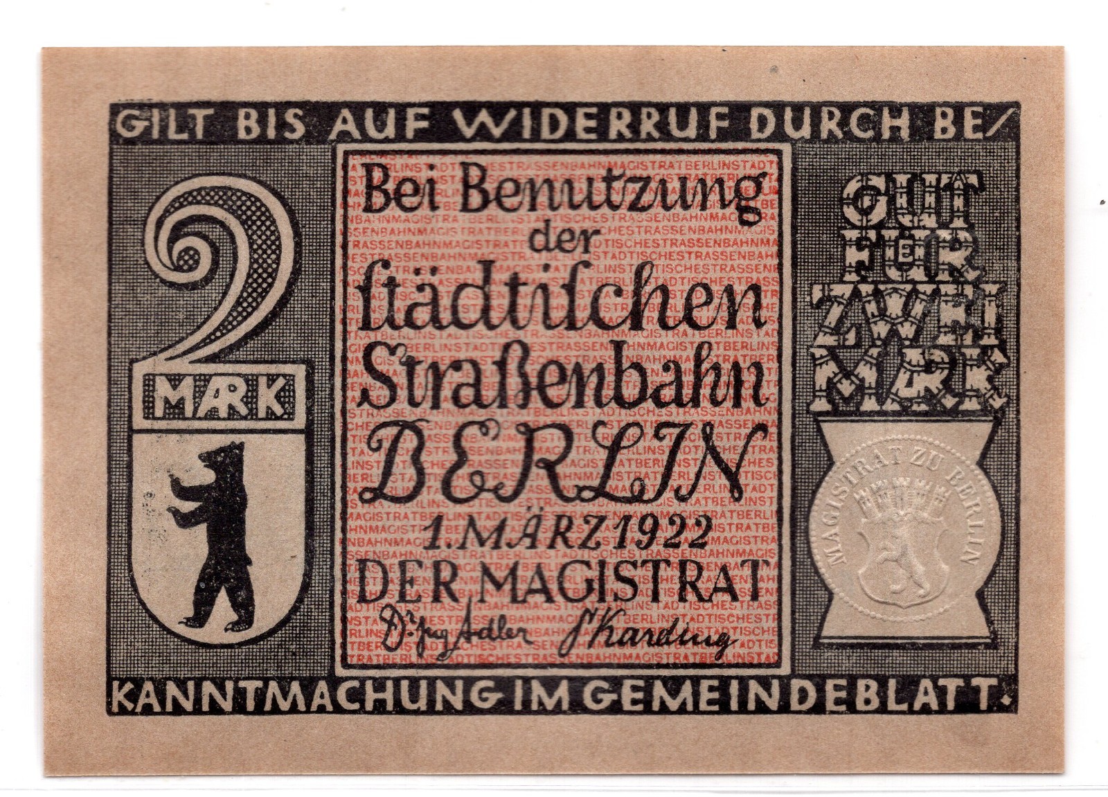 1922 Germany Berlin Notgeld 2 Mark Note (3961)