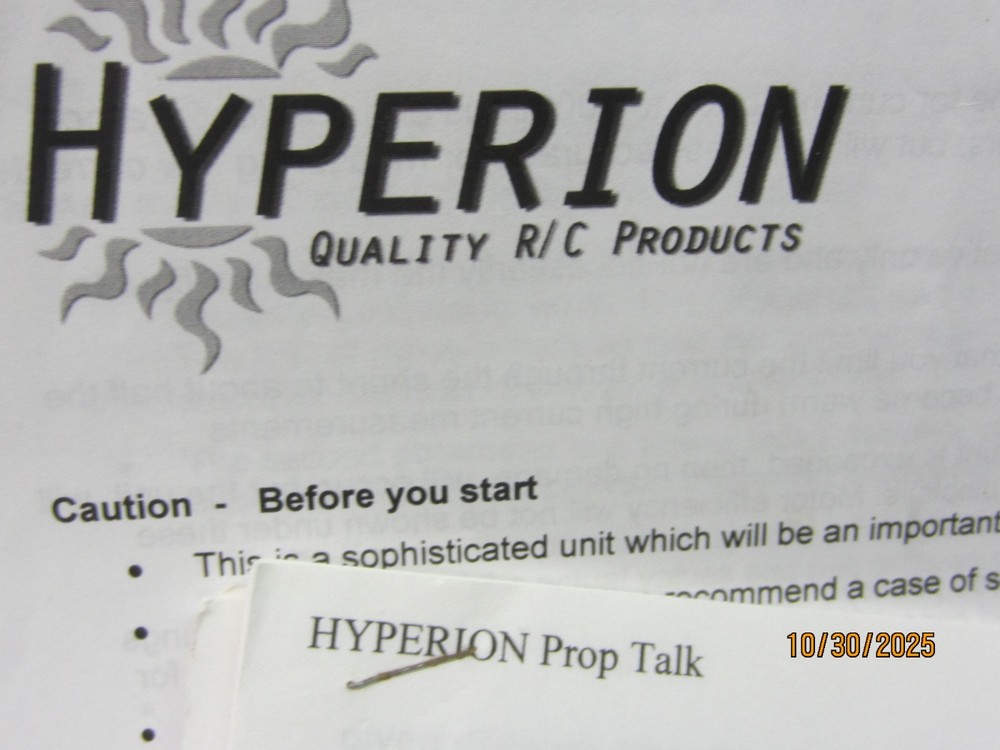 HYPERION EMETER, VOLTMETER, AMMETER, TACH, PROP CONSTANTS/EFFICIENCY ETC., USED