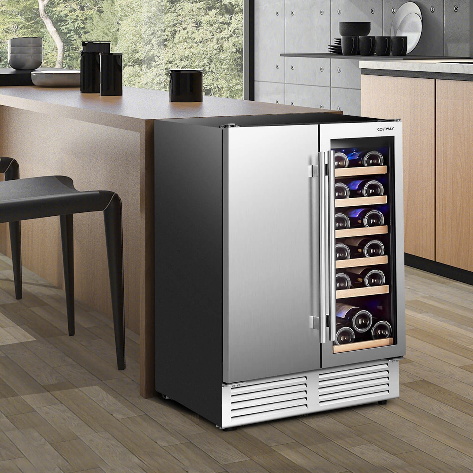 2-in-1 Beverage and Wine Cooler Free-standing & Built-in Dual Zones Wine Fridge