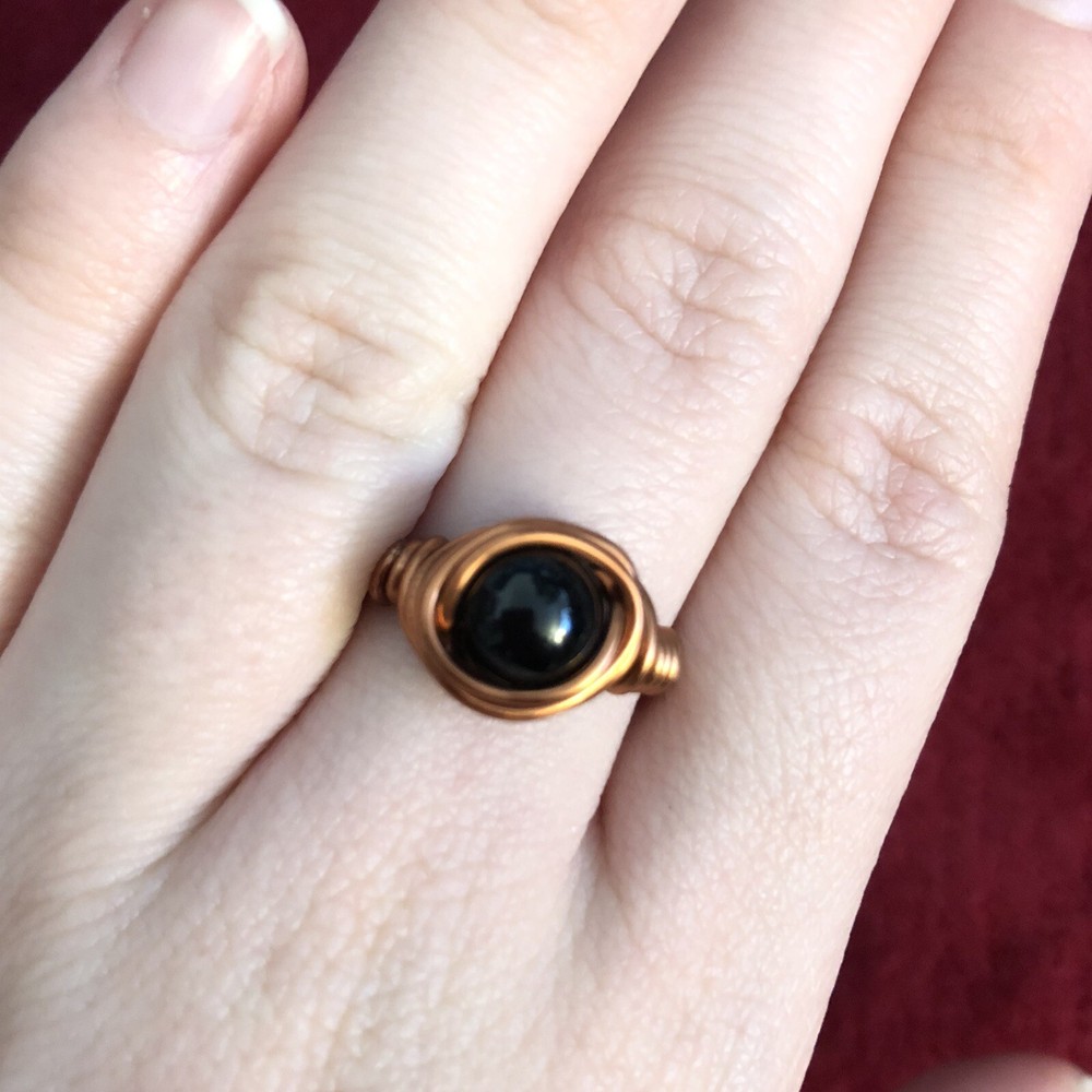 Black Bead Copper Wire Wrap Ring Sz. 8.5