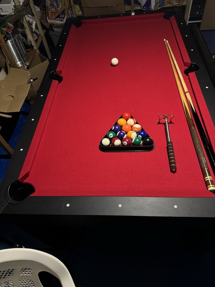 Red Felt Billiard Table with Storage Compartments and Accessories