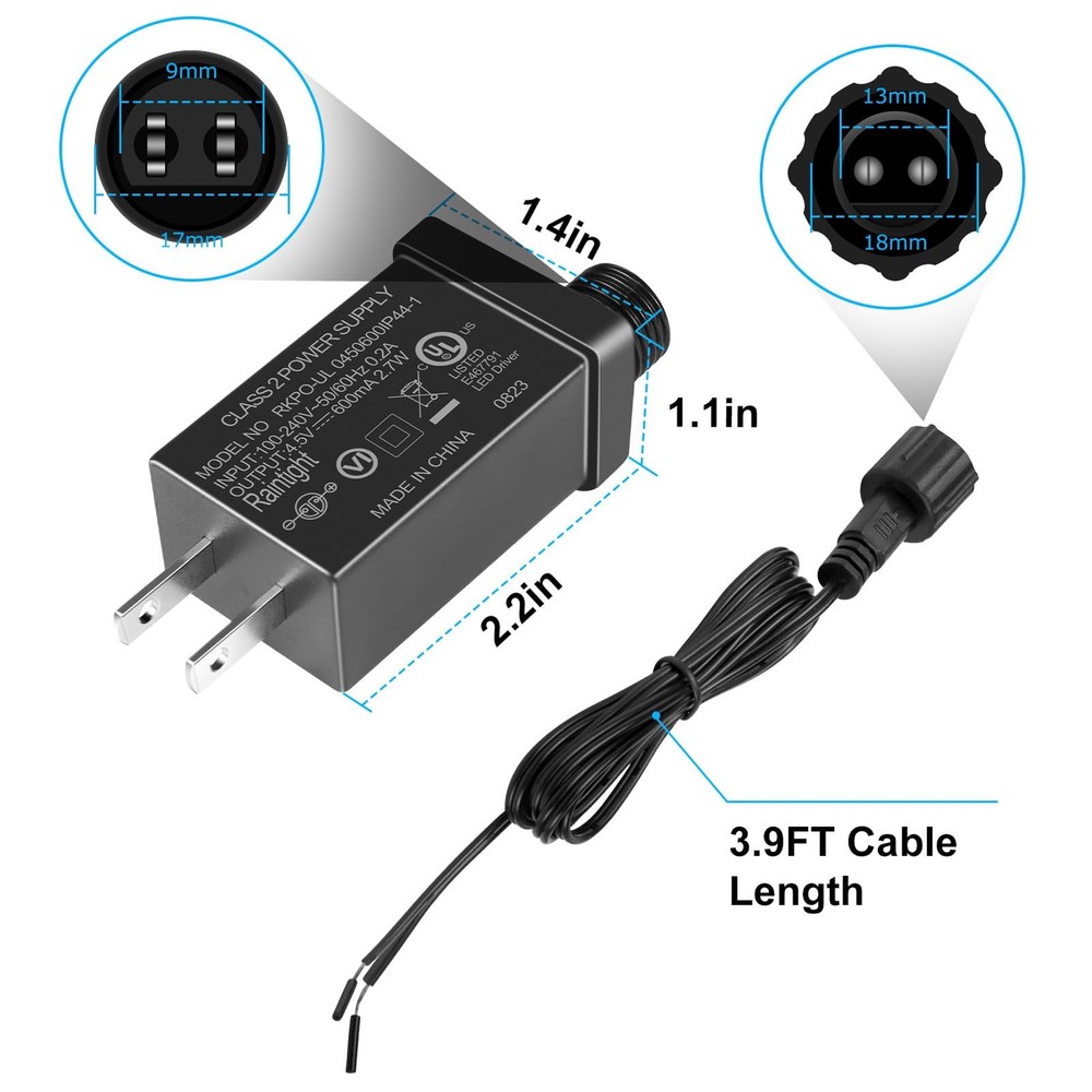 4.5V 0.6A LED Class 2 Power Adapter, 2.7W Transformer Replacement Black