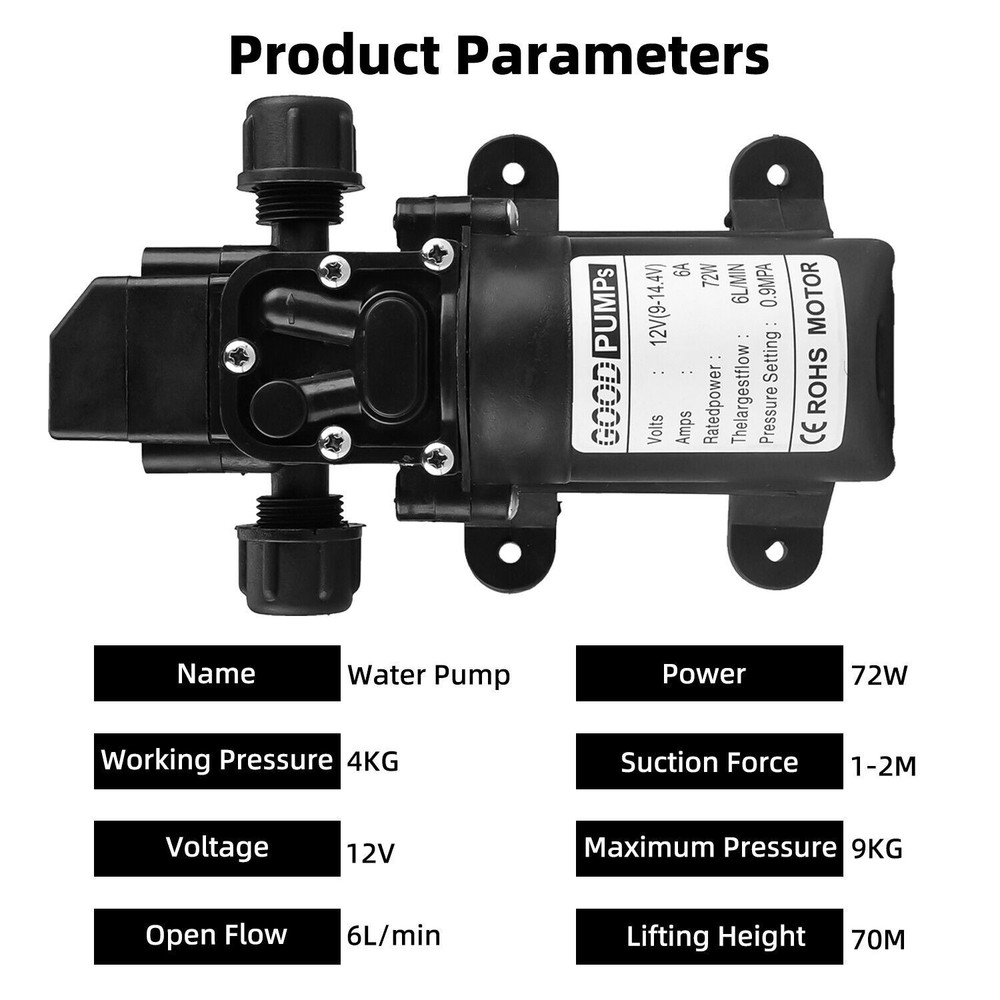 12V Water Pump 130PSI Self Priming Diaphragm High Pressure Automatic Switch