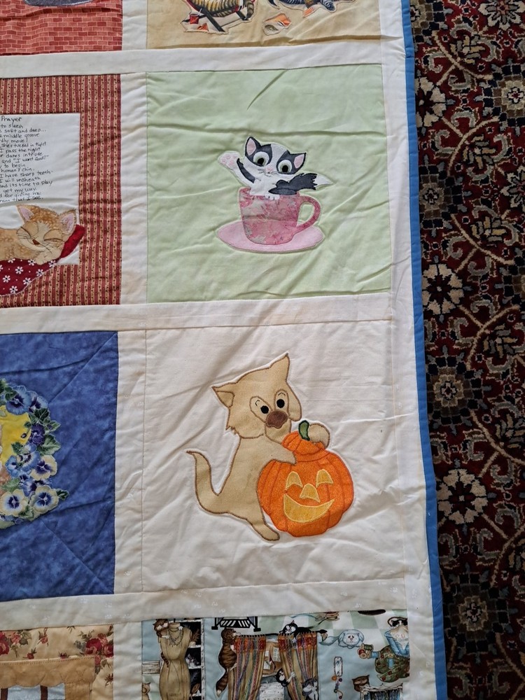 Handmade Patchwork Applique Cat Scenes Wall Hanging Quilt