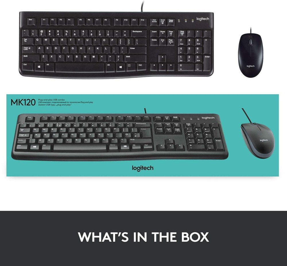 Logitech MK120 Wired USB Keyboard and Mouse, Black. open box