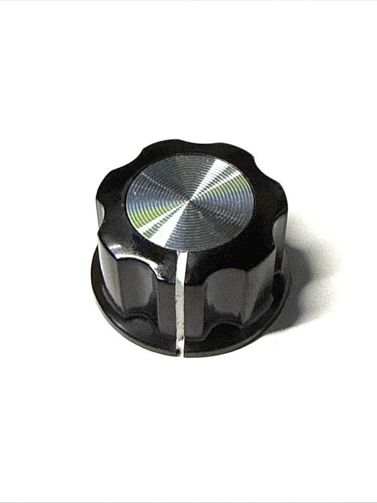 one black knob OD = 27 mm for 6 mm shaft 0.25 inch+ chrome inlay